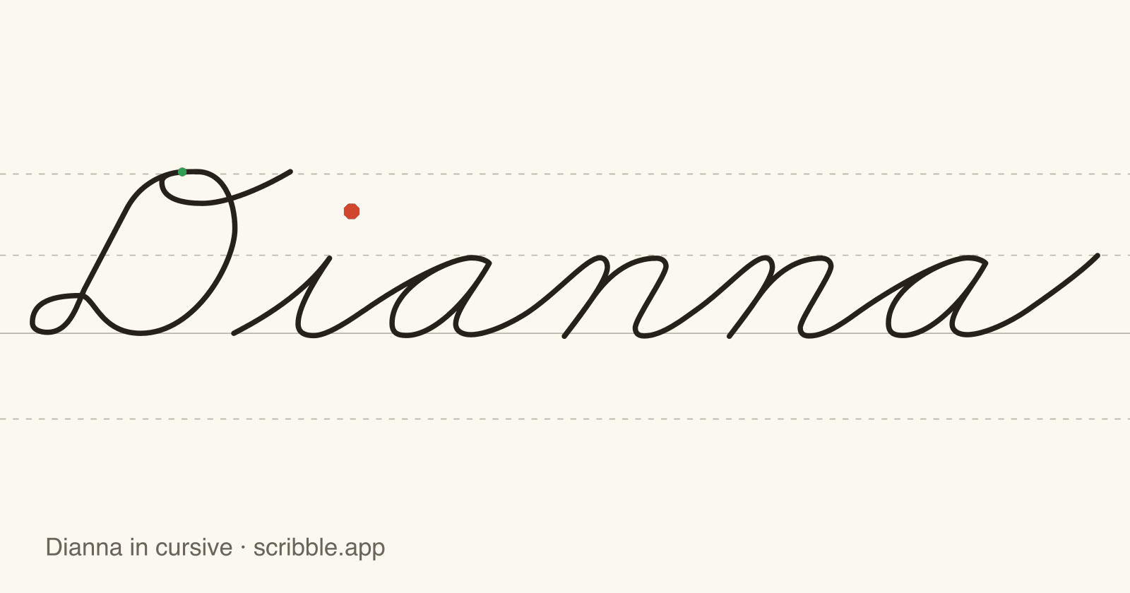 Dianna written in cursive on handwriting guidelines, with a green starting dot and a red stop sign