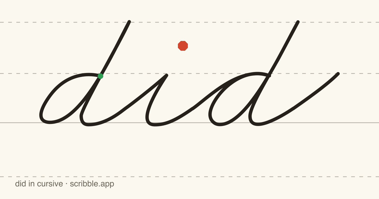 did written in cursive on handwriting guidelines, with a green starting dot and a red stop sign