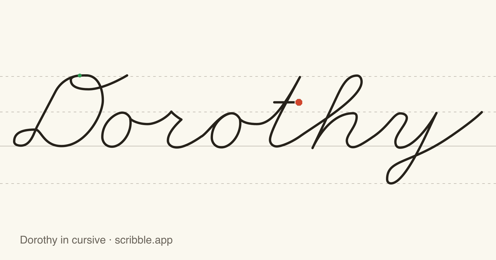 Dorothy written in cursive on handwriting guidelines, with a green starting dot and a red stop sign