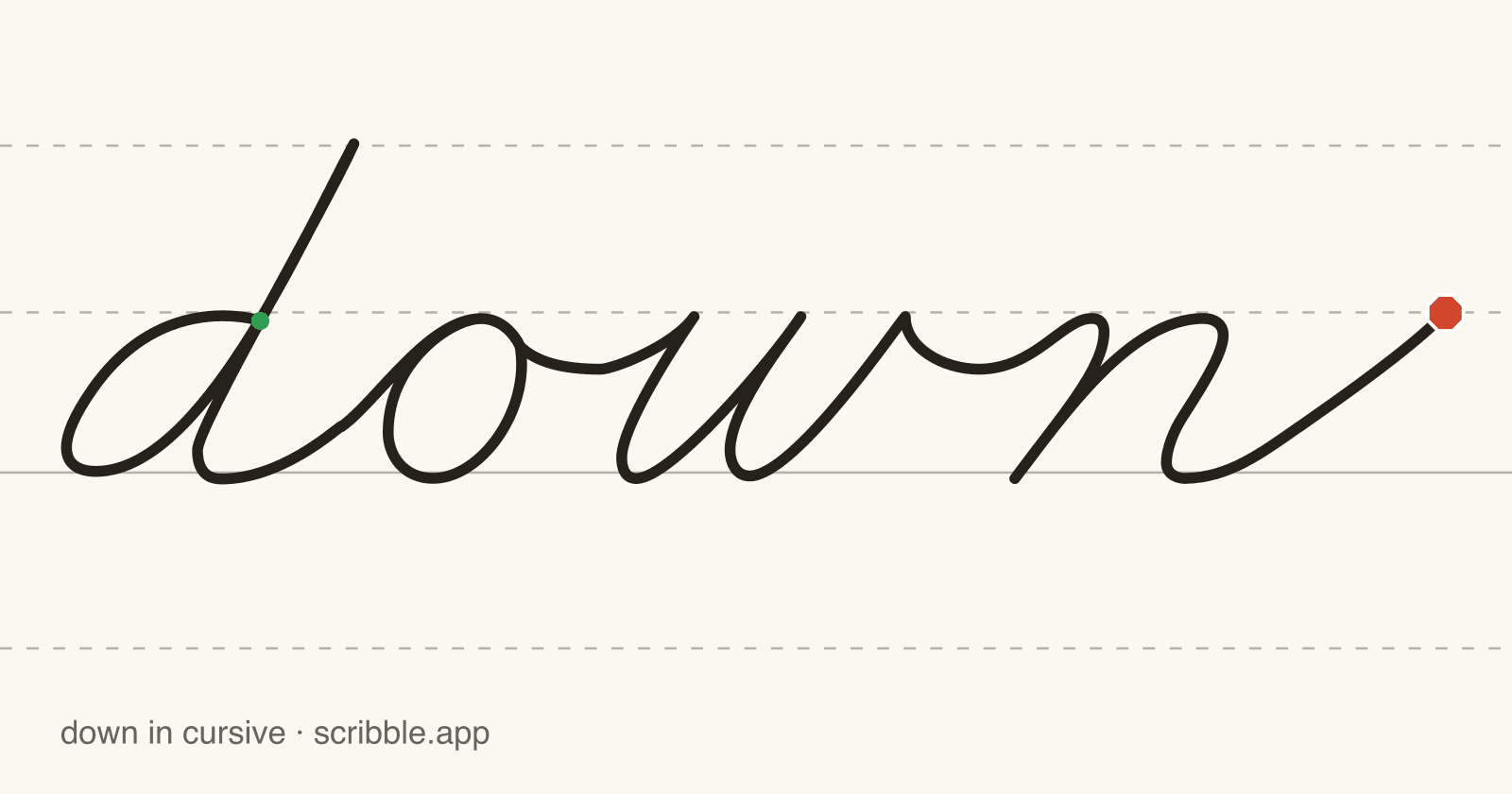 down written in cursive on handwriting guidelines, with a green starting dot and a red stop sign