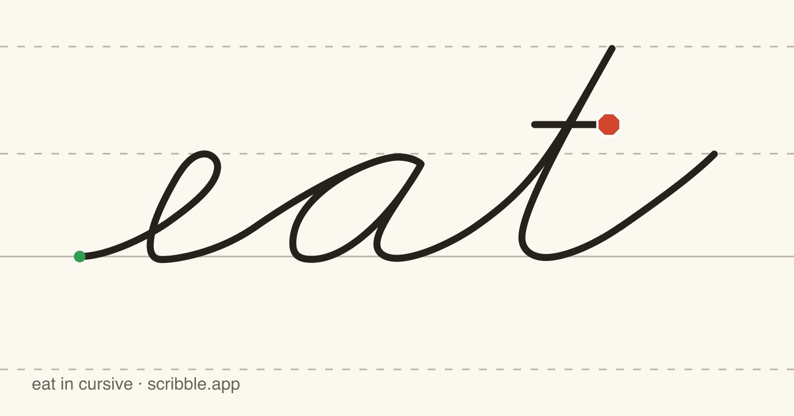 eat written in cursive on handwriting guidelines, with a green starting dot and a red stop sign