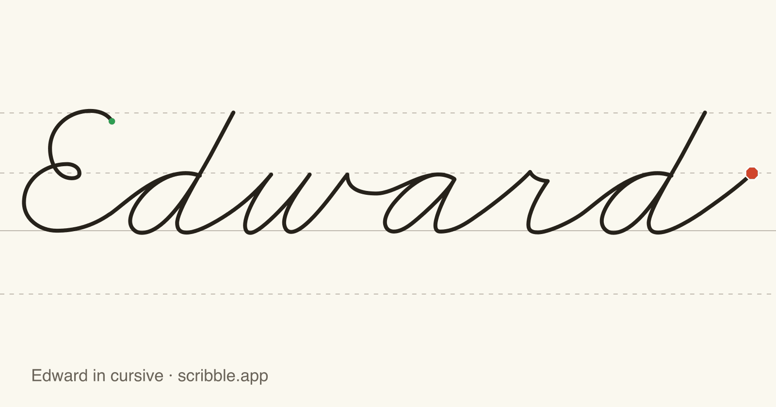 Edward written in cursive on handwriting guidelines, with a green starting dot and a red stop sign
