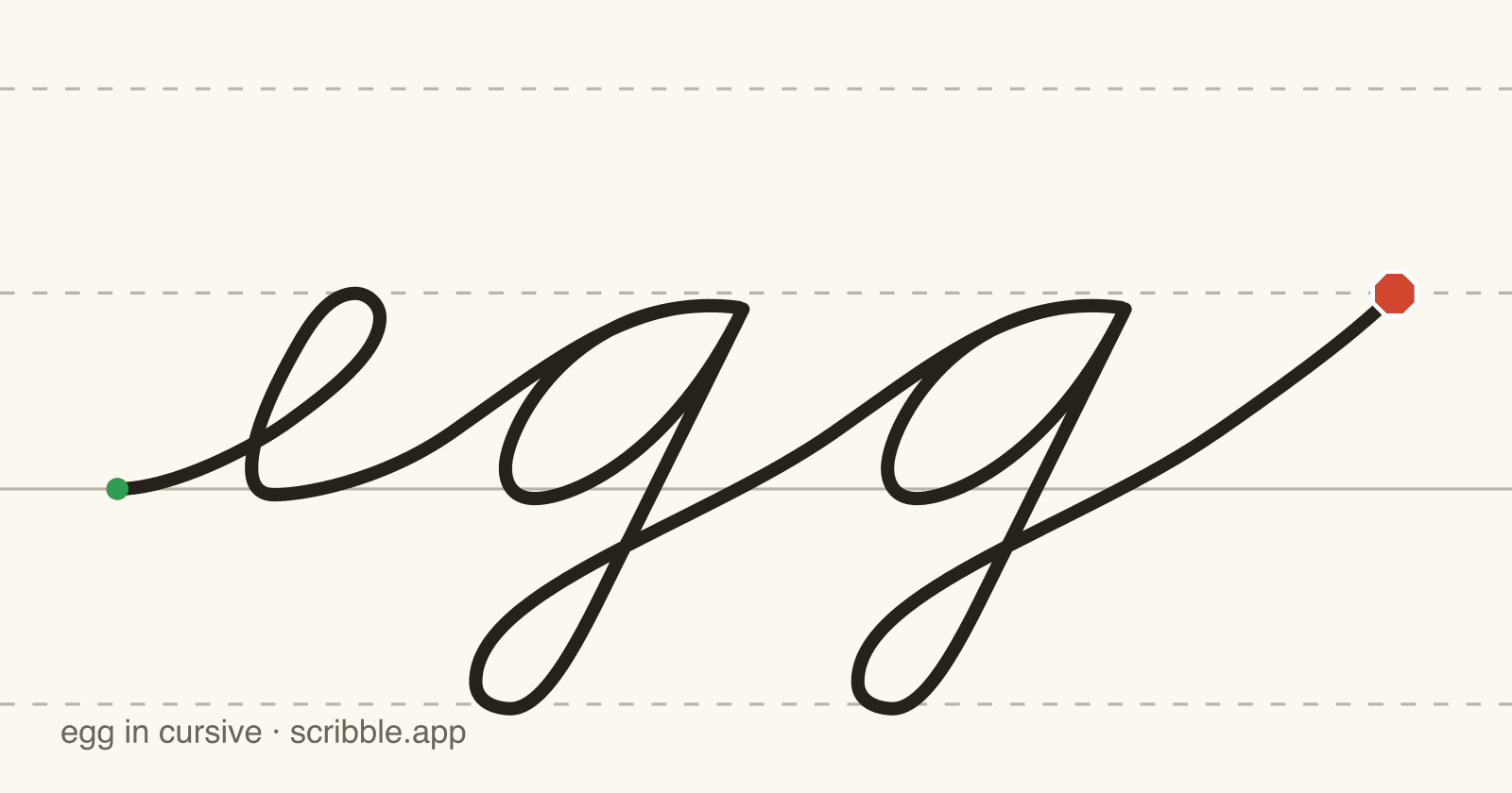 egg written in cursive on handwriting guidelines, with a green starting dot and a red stop sign
