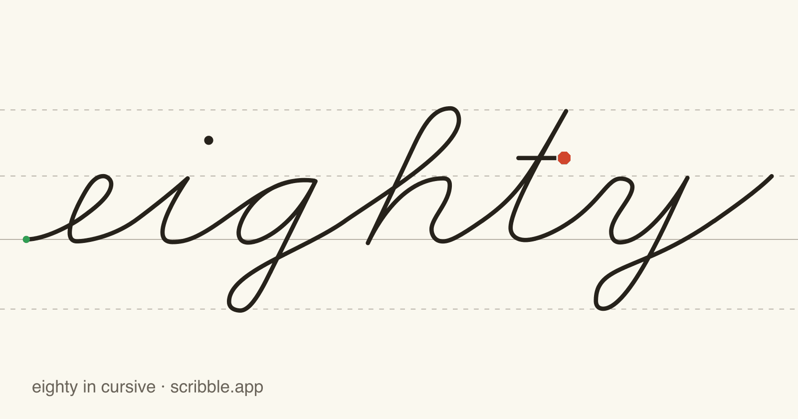eighty written in cursive on handwriting guidelines, with a green starting dot and a red stop sign