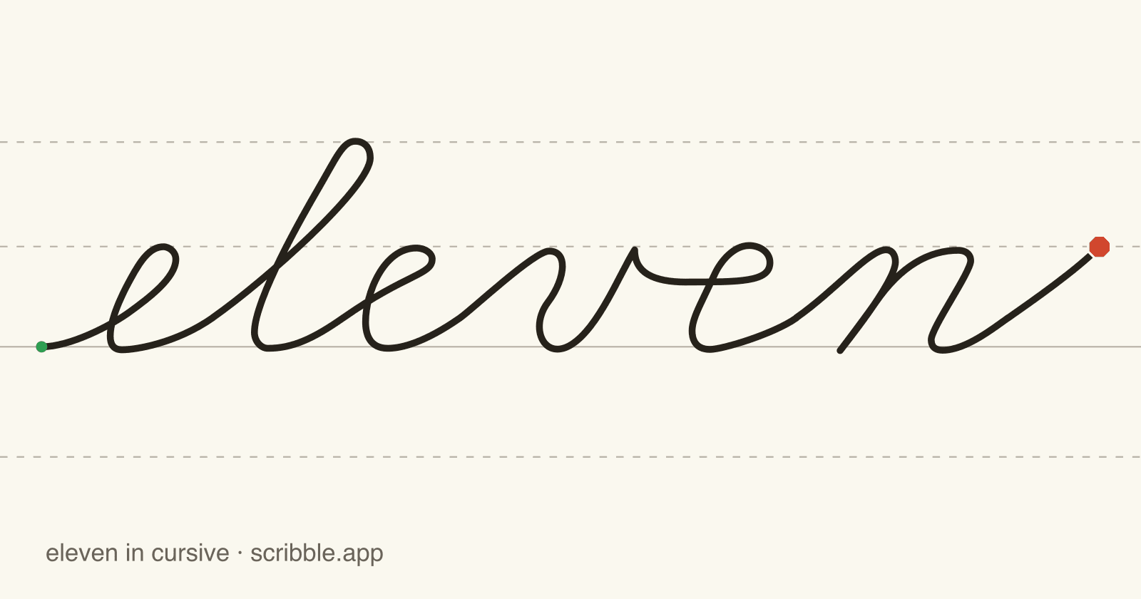 eleven written in cursive on handwriting guidelines, with a green starting dot and a red stop sign