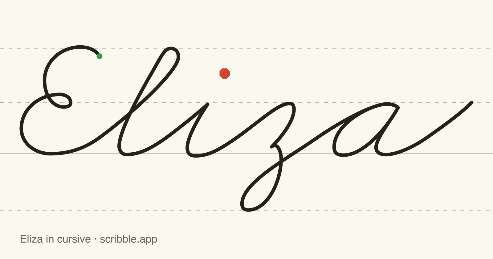 Eliza written in cursive on handwriting guidelines, with a green starting dot and a red stop sign
