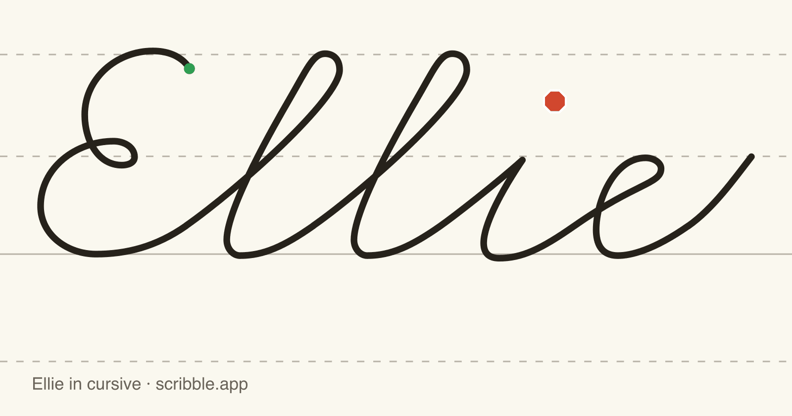 Ellie written in cursive on handwriting guidelines, with a green starting dot and a red stop sign