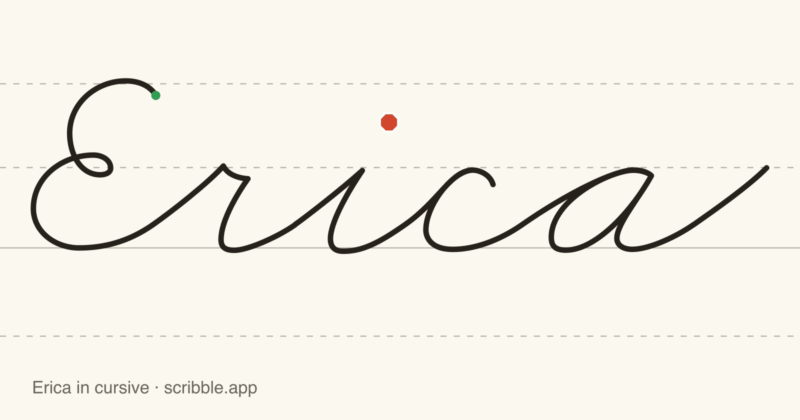 Erica written in cursive on handwriting guidelines, with a green starting dot and a red stop sign