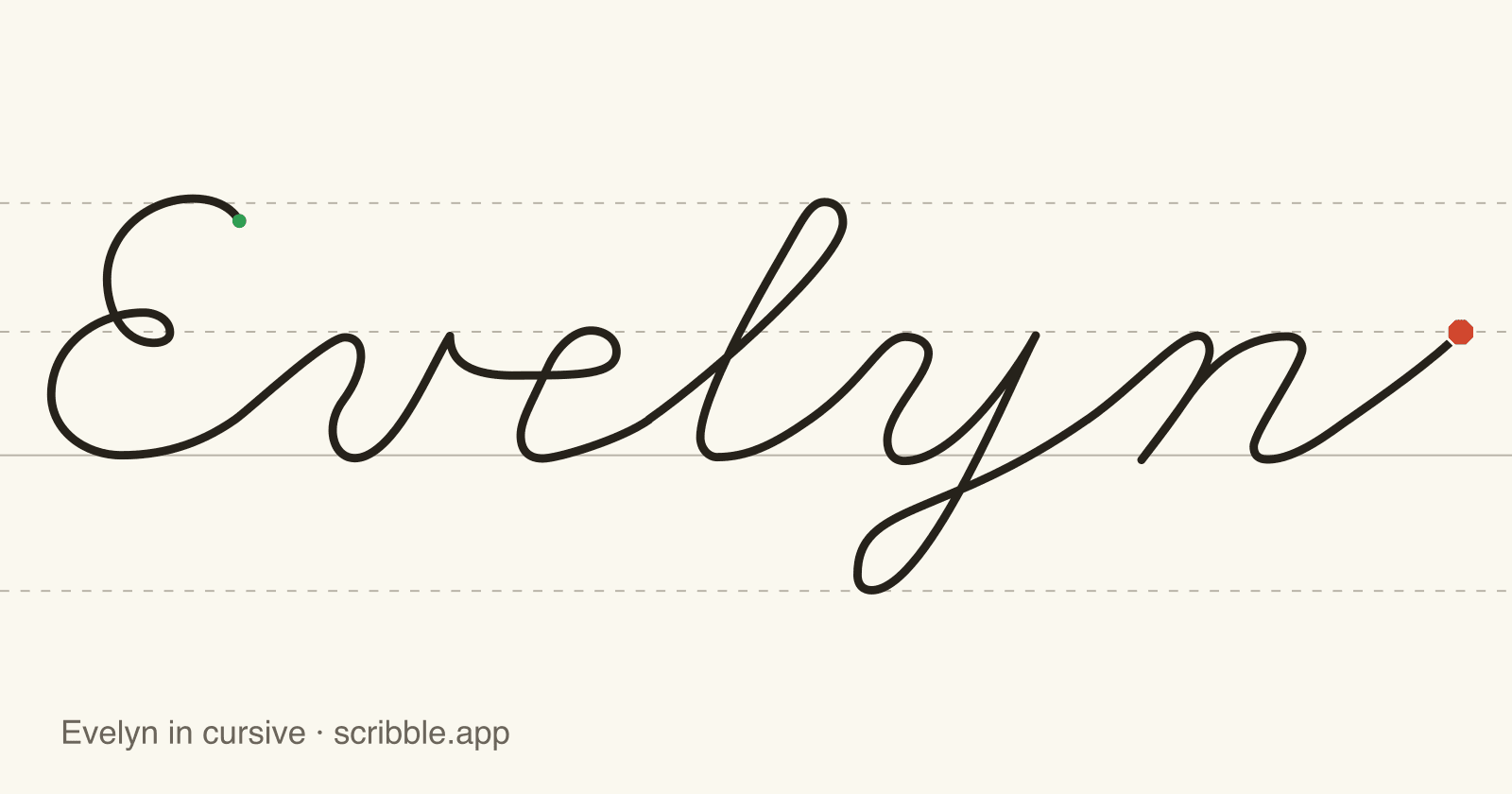 Evelyn written in cursive on handwriting guidelines, with a green starting dot and a red stop sign