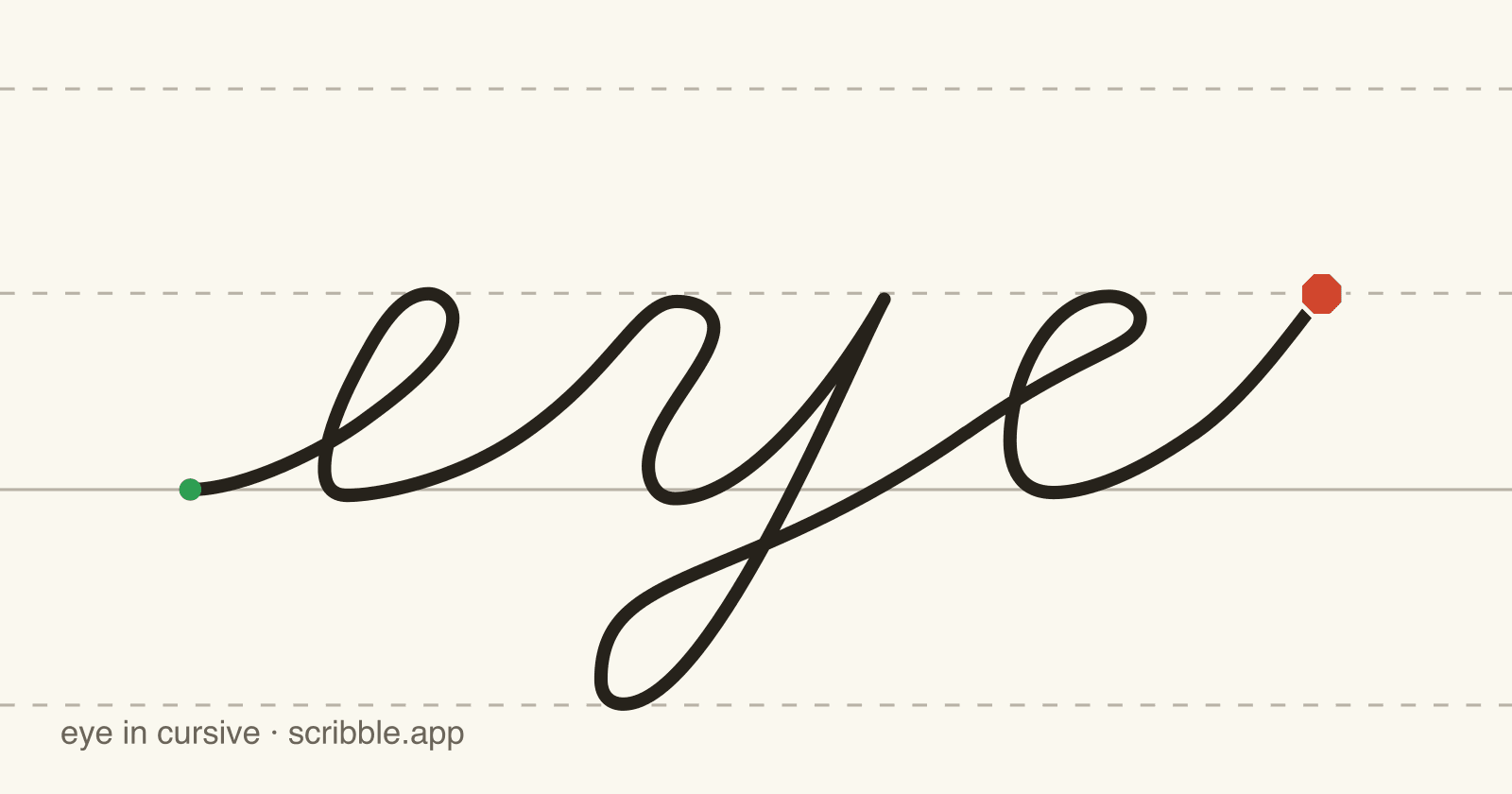 eye written in cursive on handwriting guidelines, with a green starting dot and a red stop sign