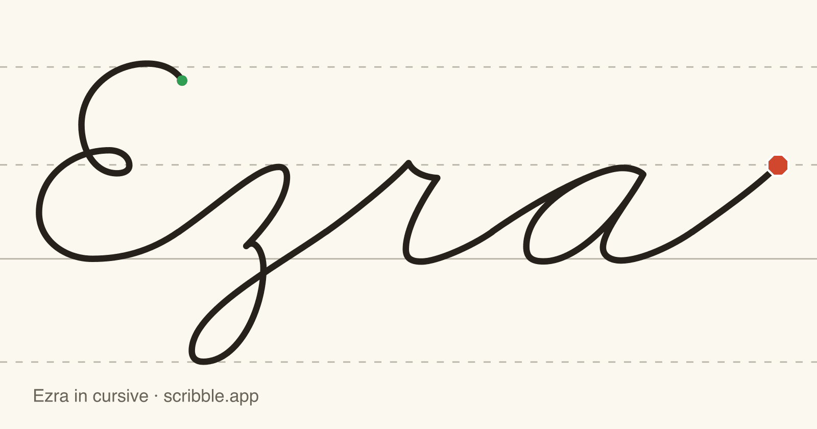 Ezra written in cursive on handwriting guidelines, with a green starting dot and a red stop sign