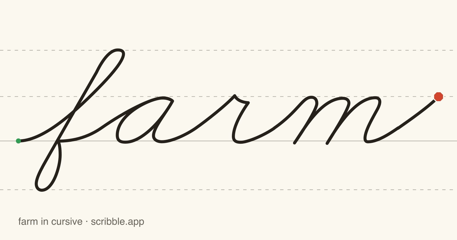 farm written in cursive on handwriting guidelines, with a green starting dot and a red stop sign