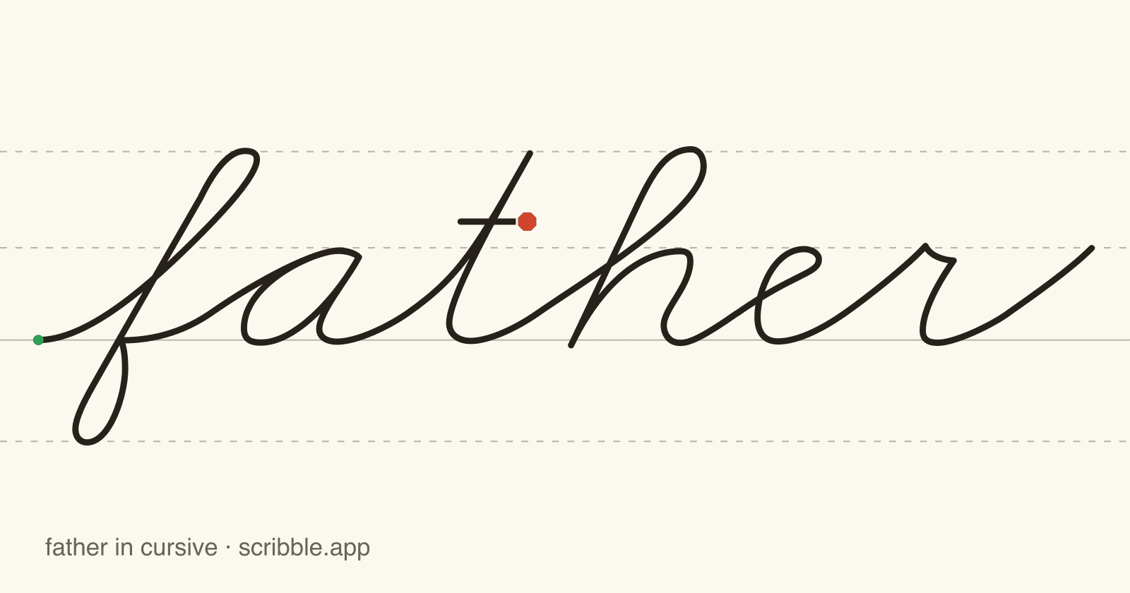father written in cursive on handwriting guidelines, with a green starting dot and a red stop sign