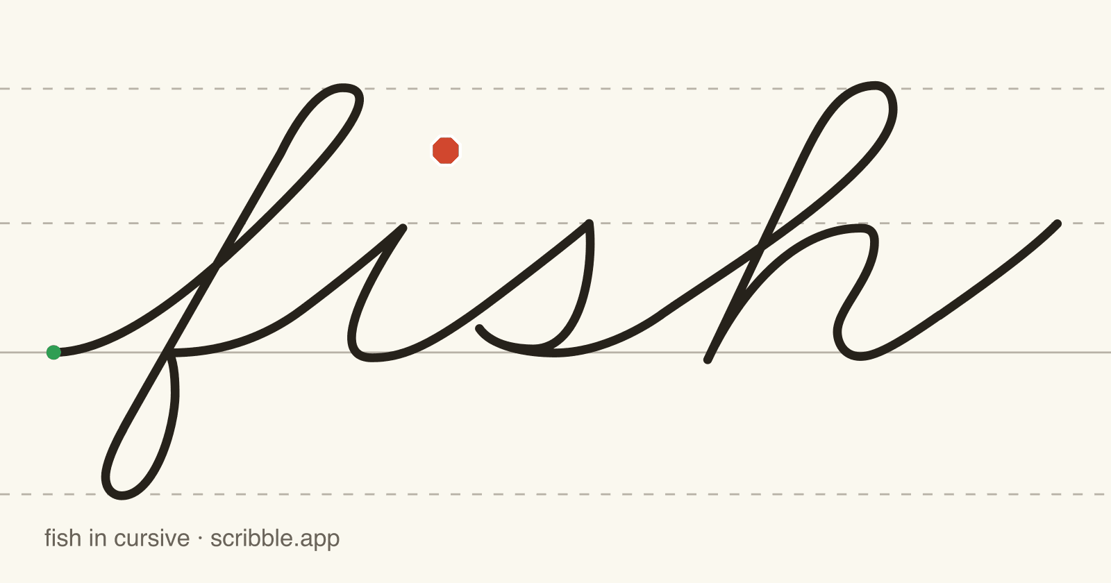 fish written in cursive on handwriting guidelines, with a green starting dot and a red stop sign