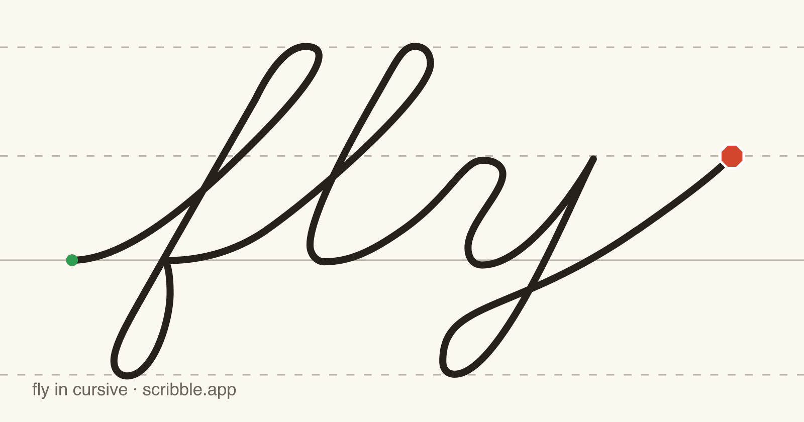 fly written in cursive on handwriting guidelines, with a green starting dot and a red stop sign