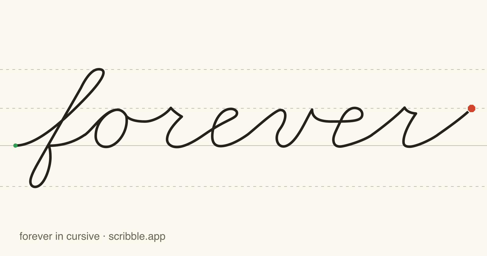 forever written in cursive on handwriting guidelines, with a green starting dot and a red stop sign