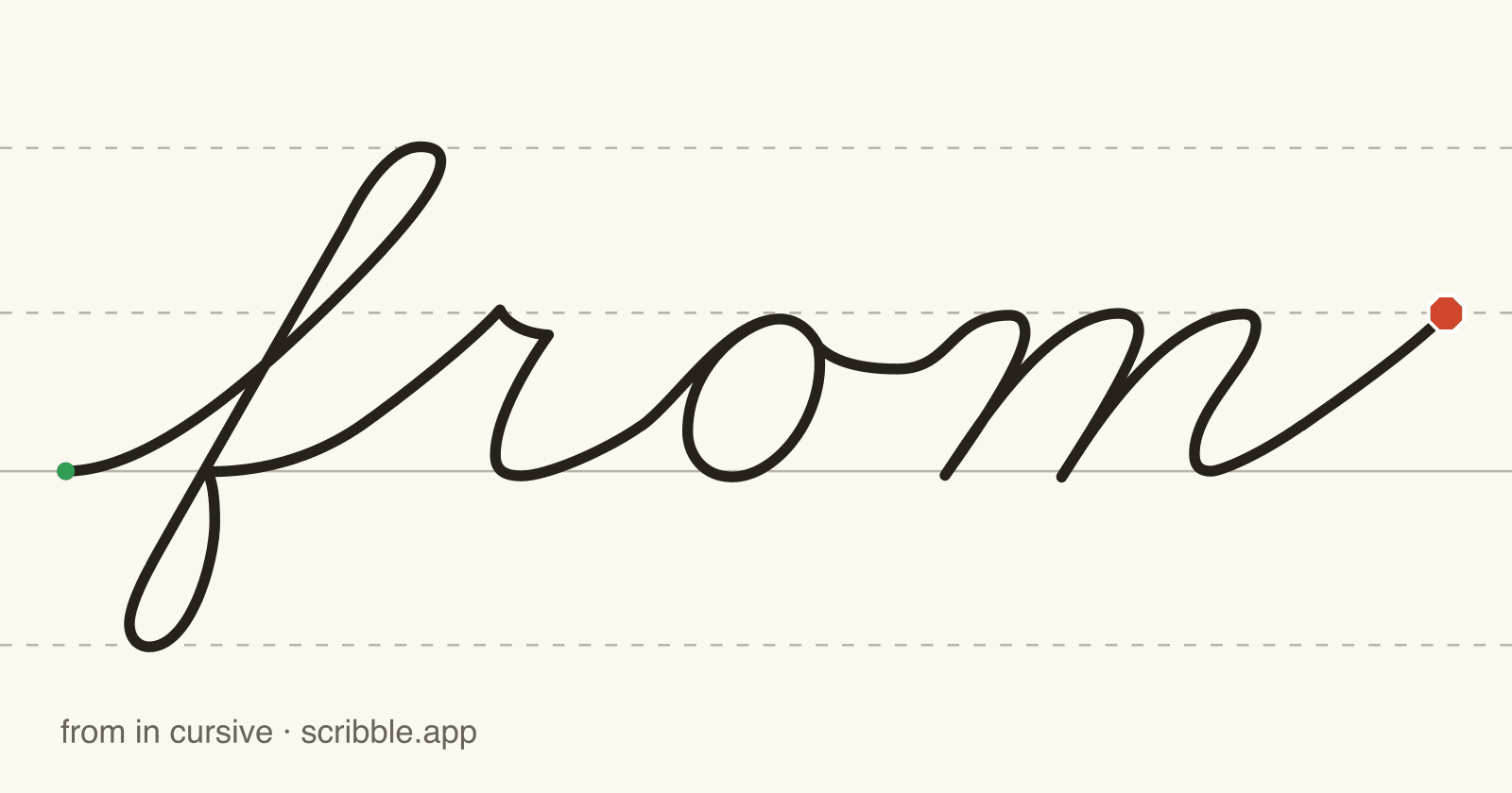 from written in cursive on handwriting guidelines, with a green starting dot and a red stop sign