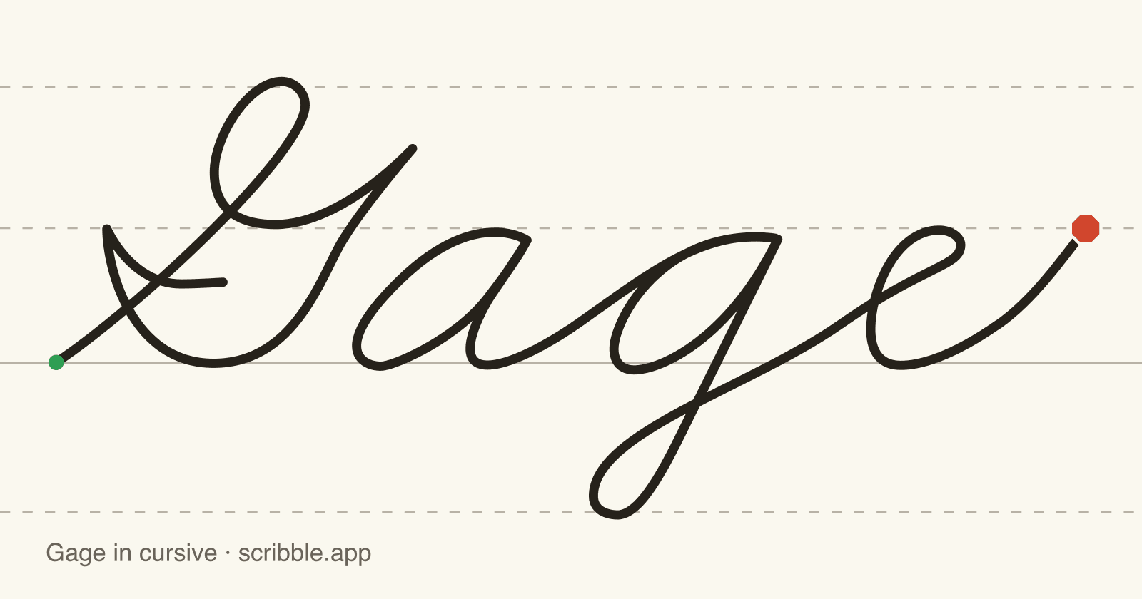 Gage written in cursive on handwriting guidelines, with a green starting dot and a red stop sign