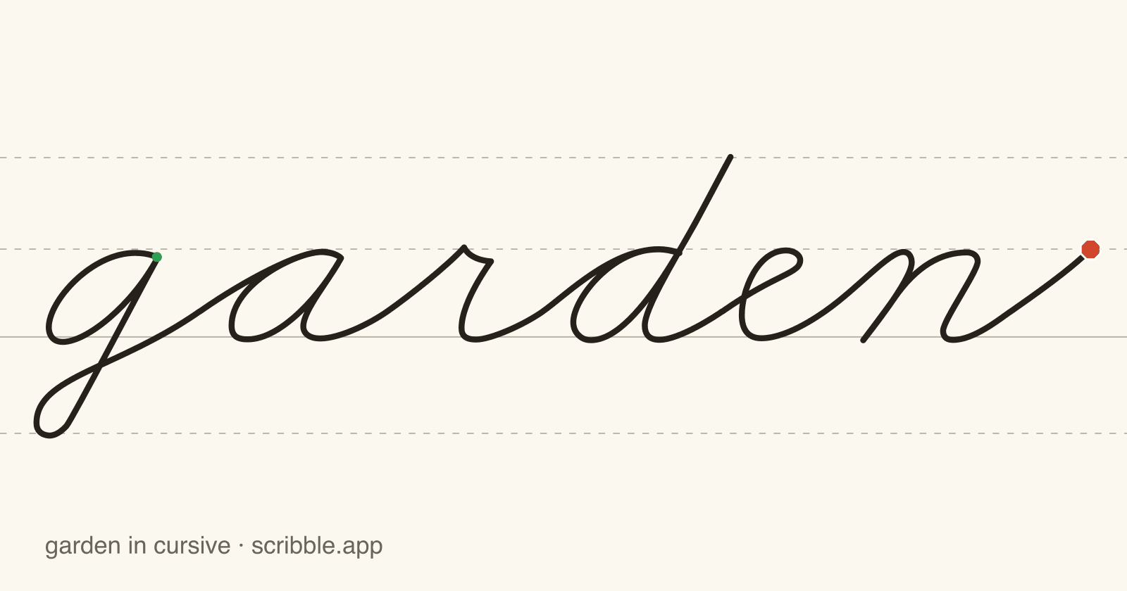 garden written in cursive on handwriting guidelines, with a green starting dot and a red stop sign