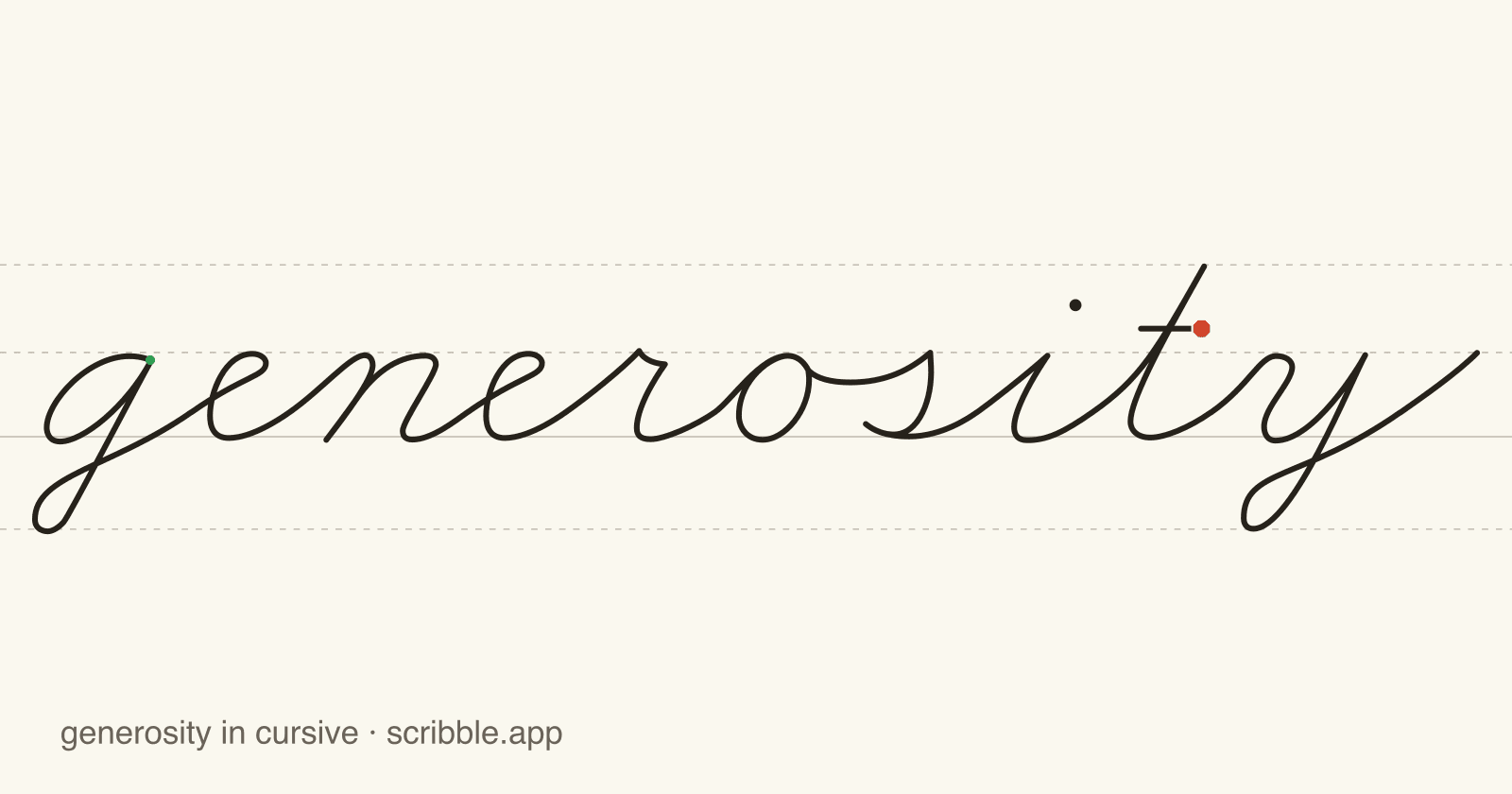 generosity written in cursive on handwriting guidelines, with a green starting dot and a red stop sign
