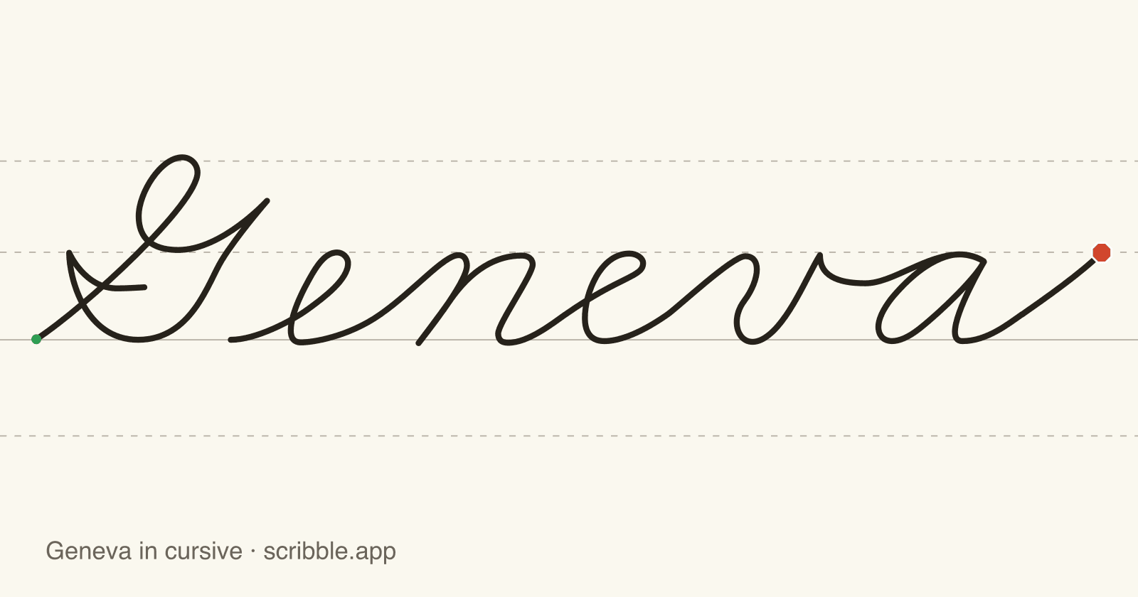 Geneva written in cursive on handwriting guidelines, with a green starting dot and a red stop sign
