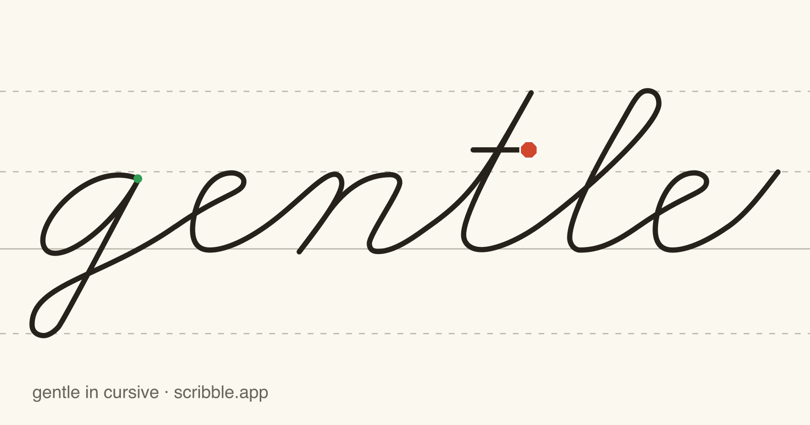 gentle written in cursive on handwriting guidelines, with a green starting dot and a red stop sign