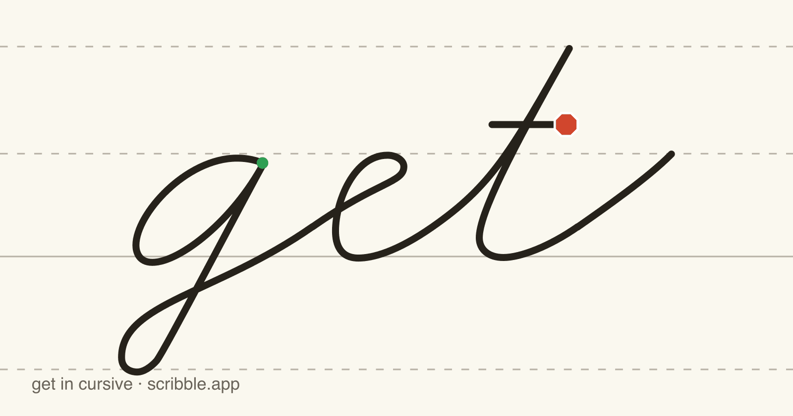 get written in cursive on handwriting guidelines, with a green starting dot and a red stop sign