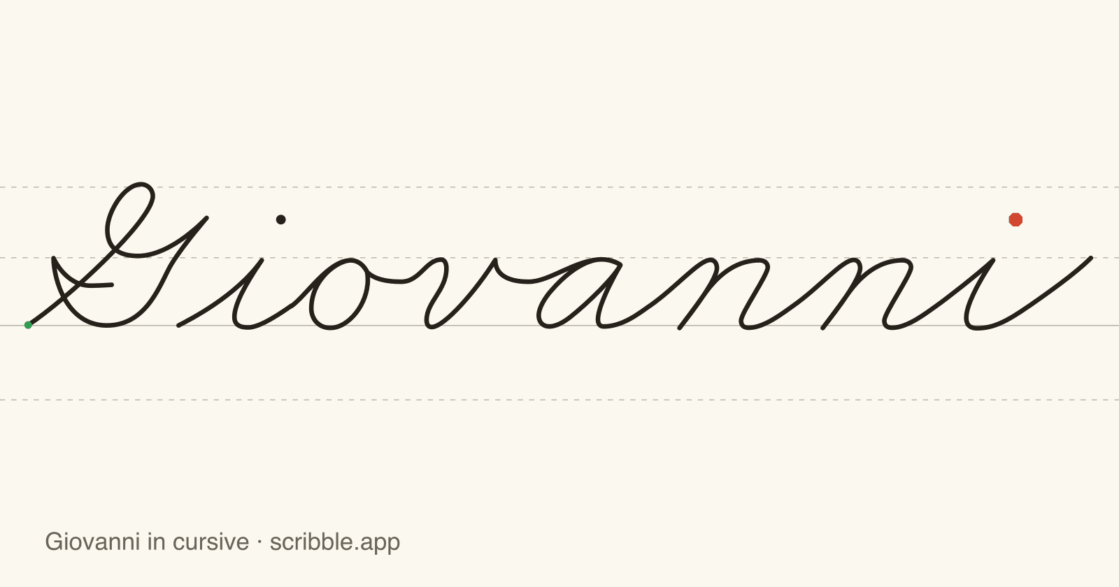 Giovanni written in cursive on handwriting guidelines, with a green starting dot and a red stop sign
