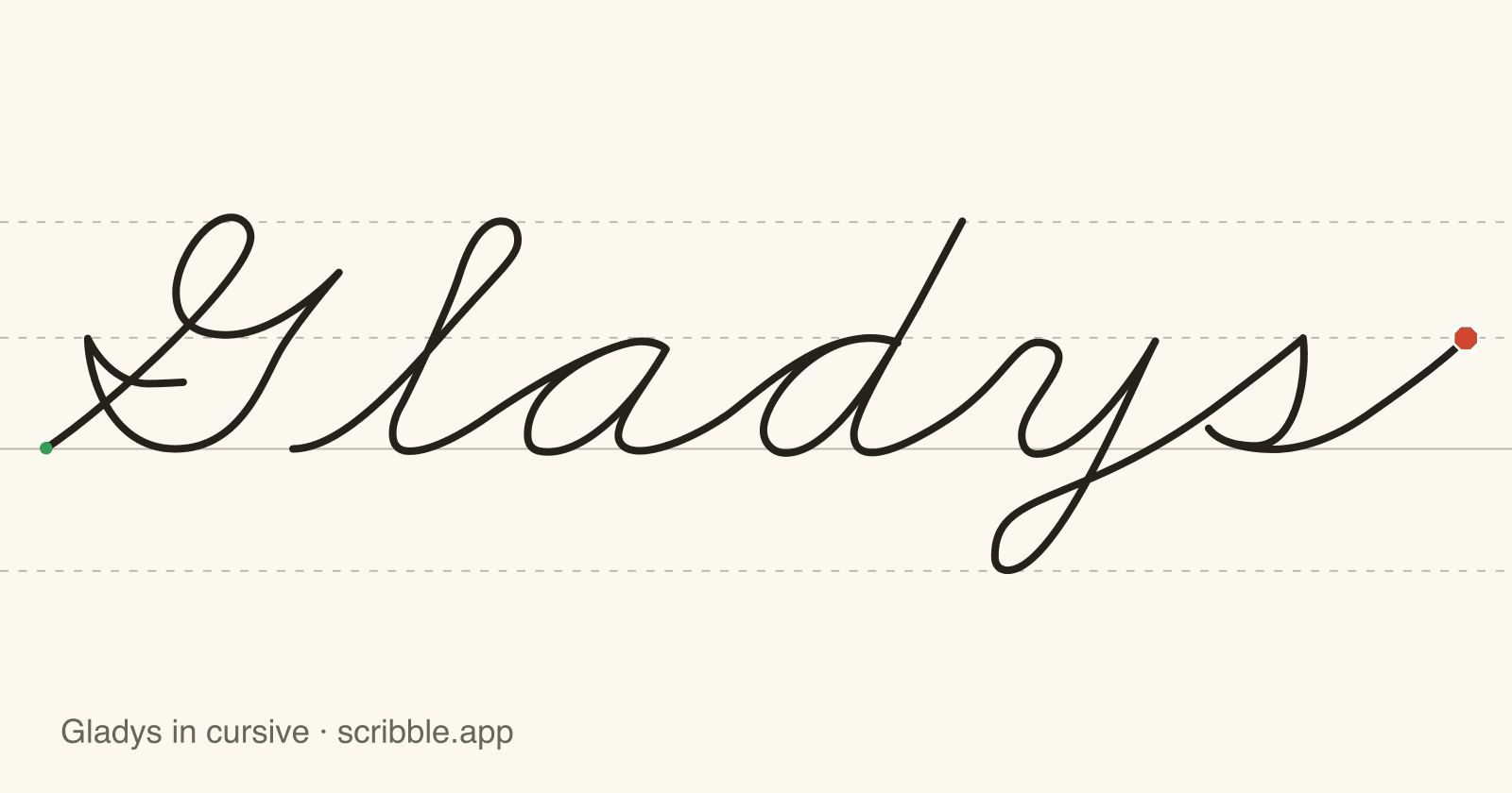 Gladys written in cursive on handwriting guidelines, with a green starting dot and a red stop sign