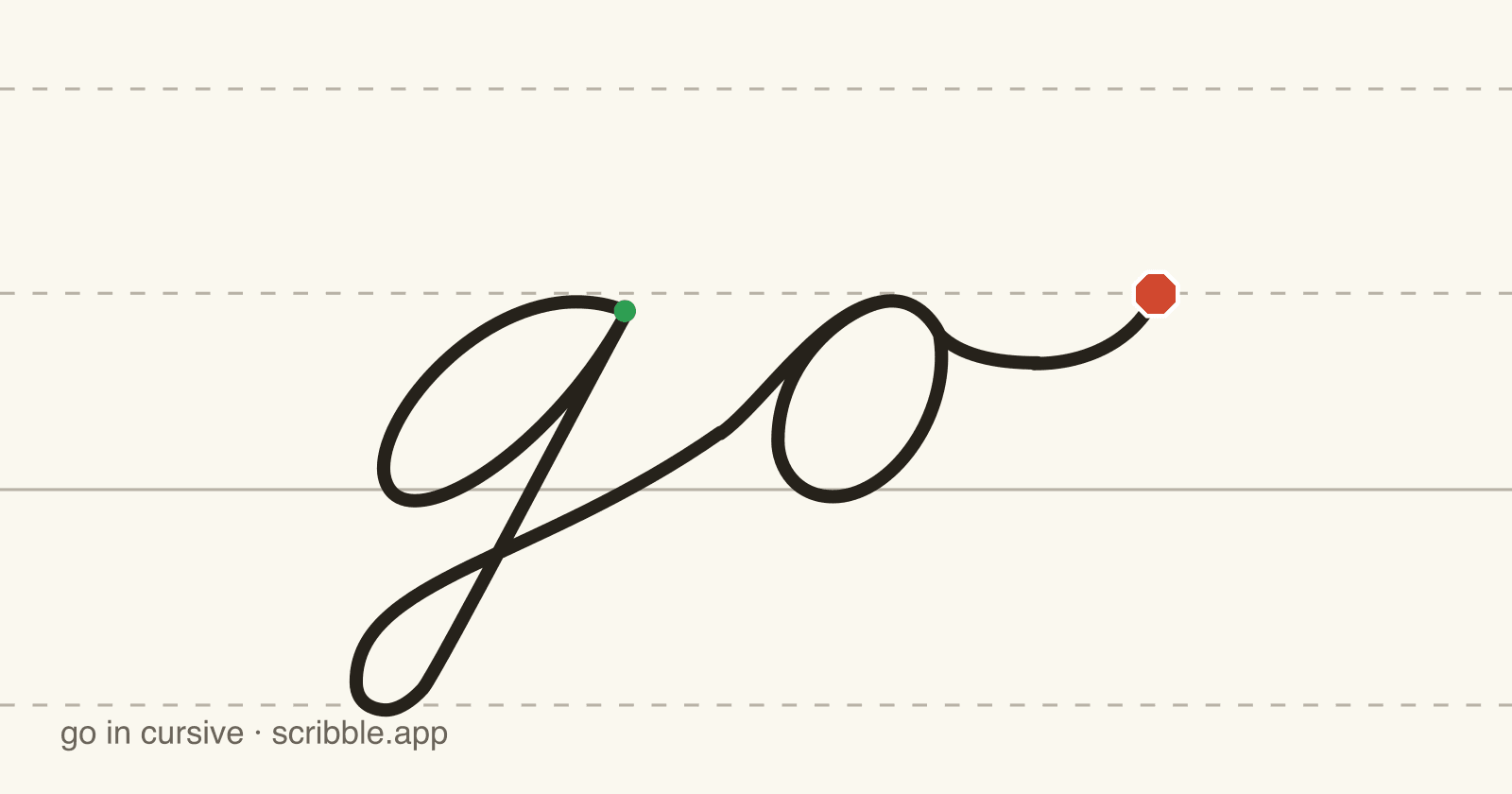 go written in cursive on handwriting guidelines, with a green starting dot and a red stop sign