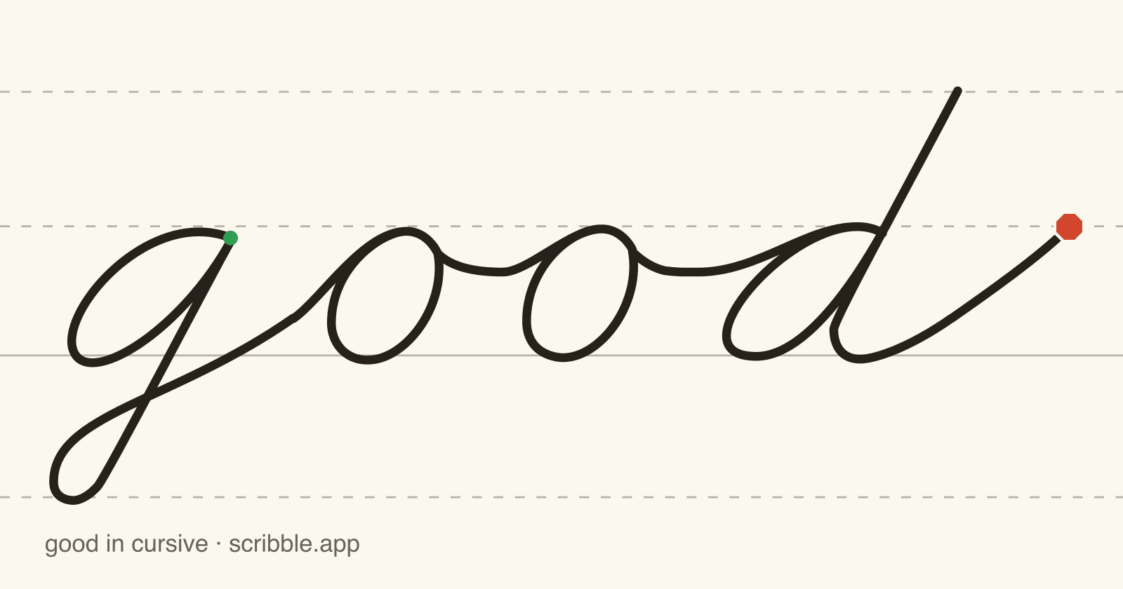 good written in cursive on handwriting guidelines, with a green starting dot and a red stop sign
