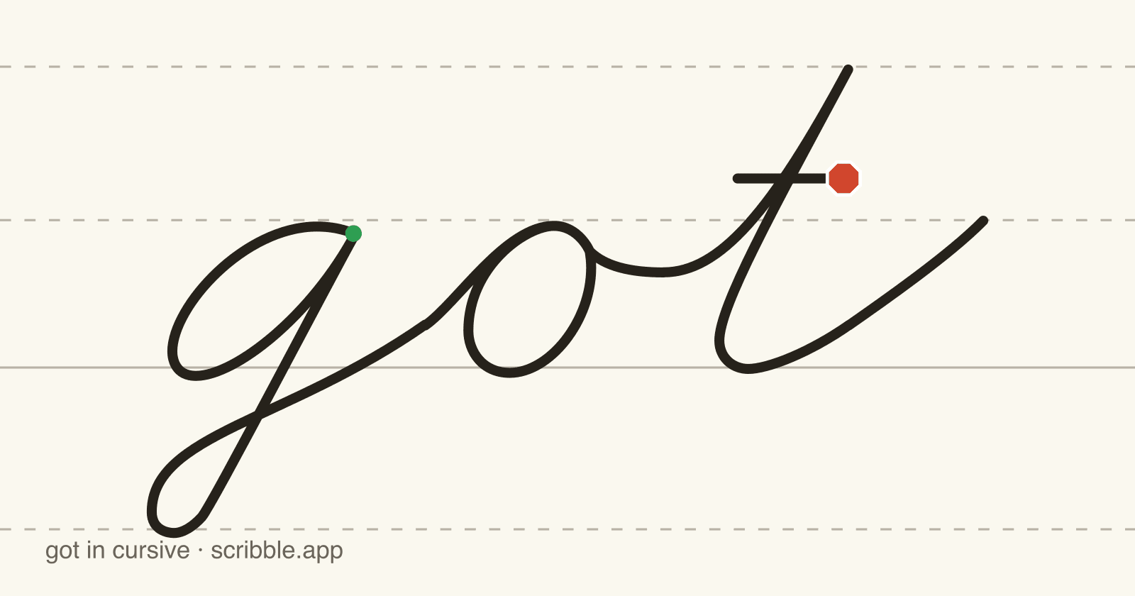 got written in cursive on handwriting guidelines, with a green starting dot and a red stop sign