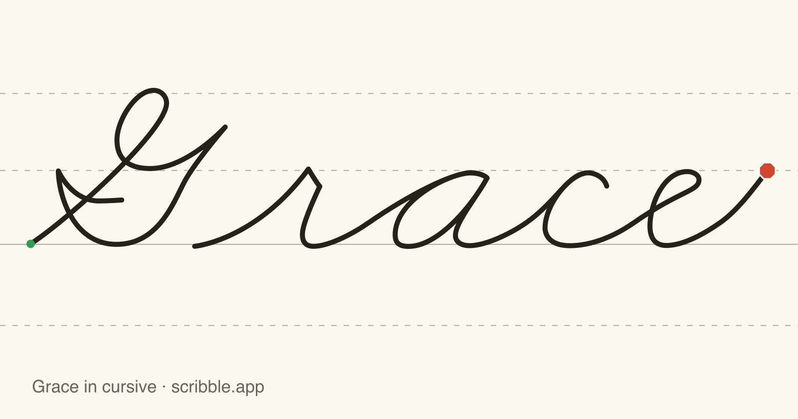 Grace written in cursive on handwriting guidelines, with a green starting dot and a red stop sign