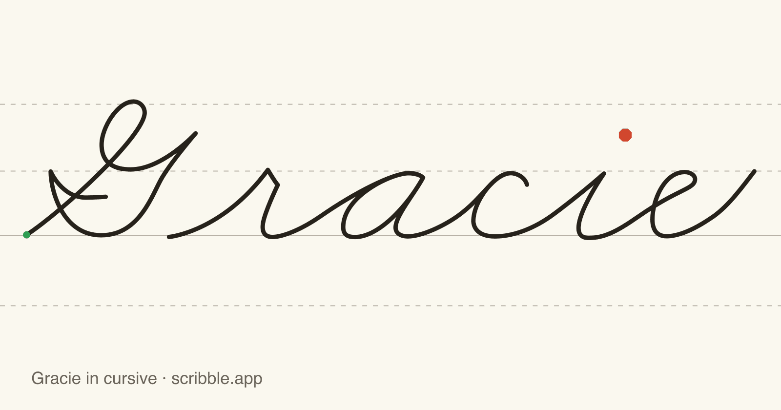 Gracie written in cursive on handwriting guidelines, with a green starting dot and a red stop sign