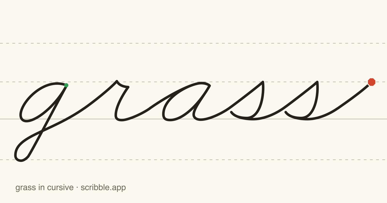 grass written in cursive on handwriting guidelines, with a green starting dot and a red stop sign