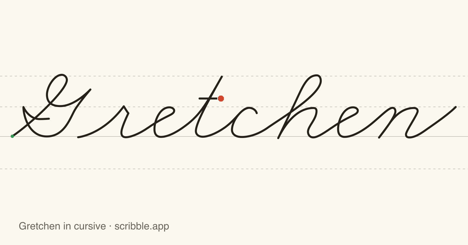 Gretchen written in cursive on handwriting guidelines, with a green starting dot and a red stop sign