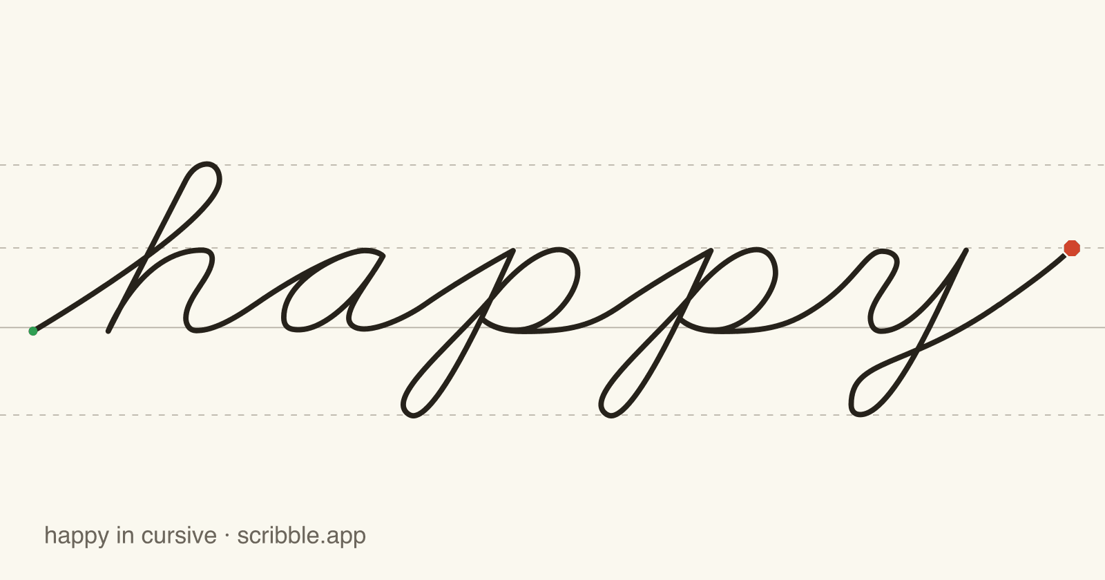 happy written in cursive on handwriting guidelines, with a green starting dot and a red stop sign