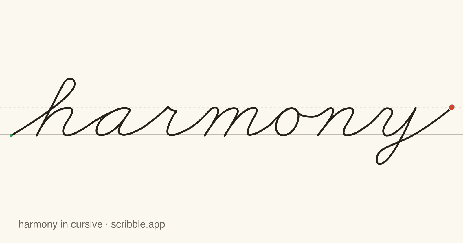 harmony written in cursive on handwriting guidelines, with a green starting dot and a red stop sign