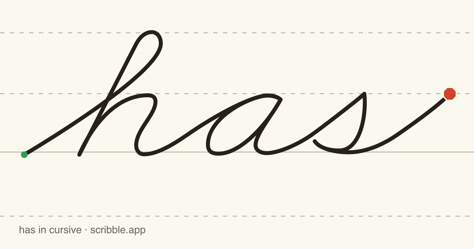has written in cursive on handwriting guidelines, with a green starting dot and a red stop sign