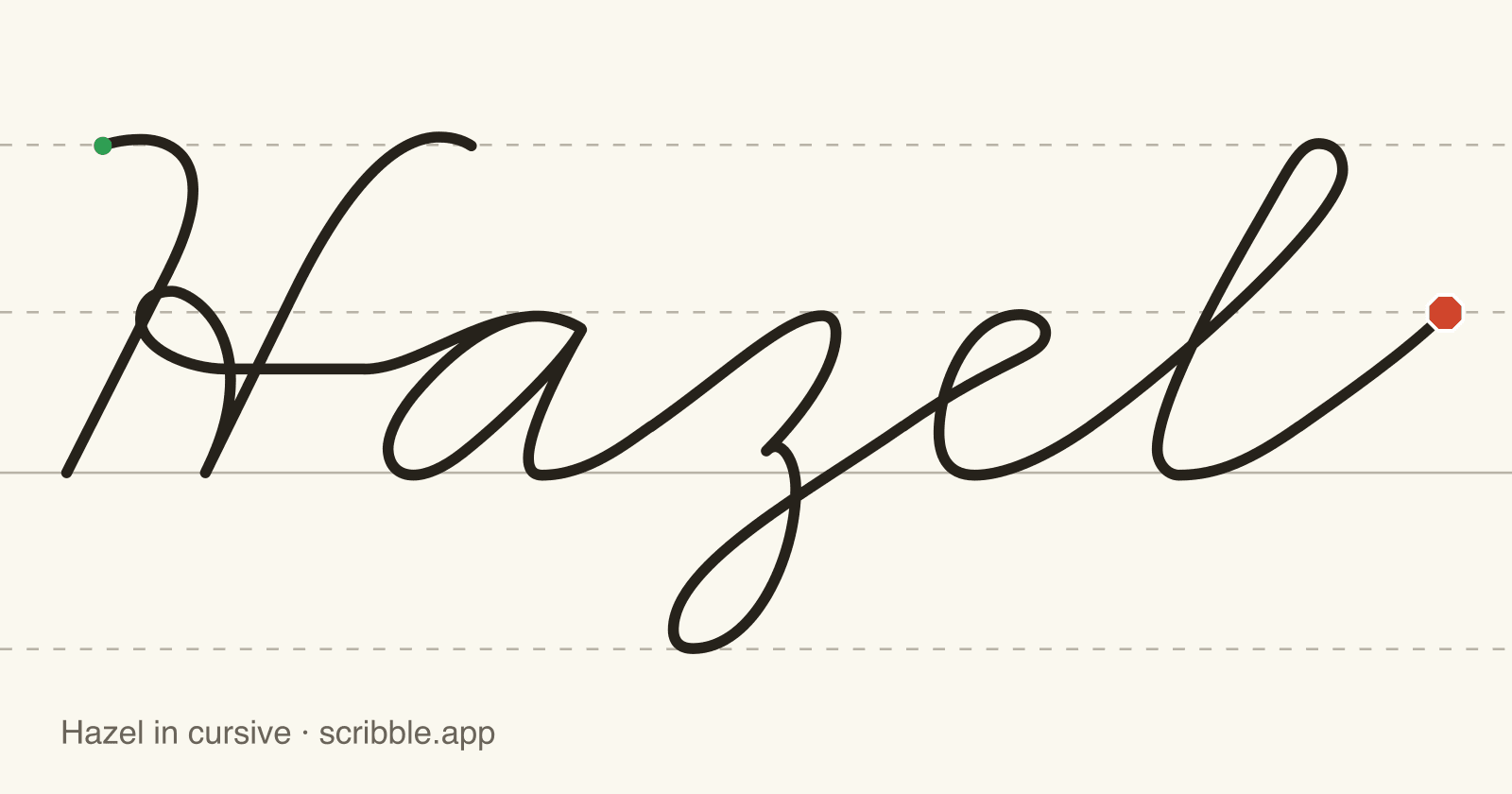 Hazel written in cursive on handwriting guidelines, with a green starting dot and a red stop sign