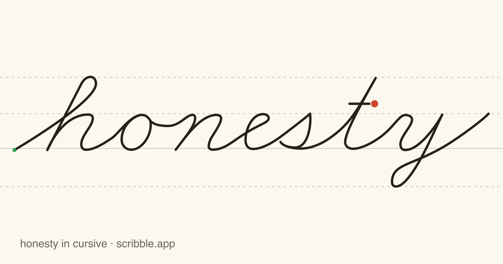 honesty written in cursive on handwriting guidelines, with a green starting dot and a red stop sign