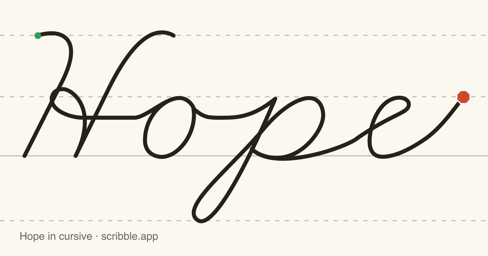 Hope written in cursive on handwriting guidelines, with a green starting dot and a red stop sign