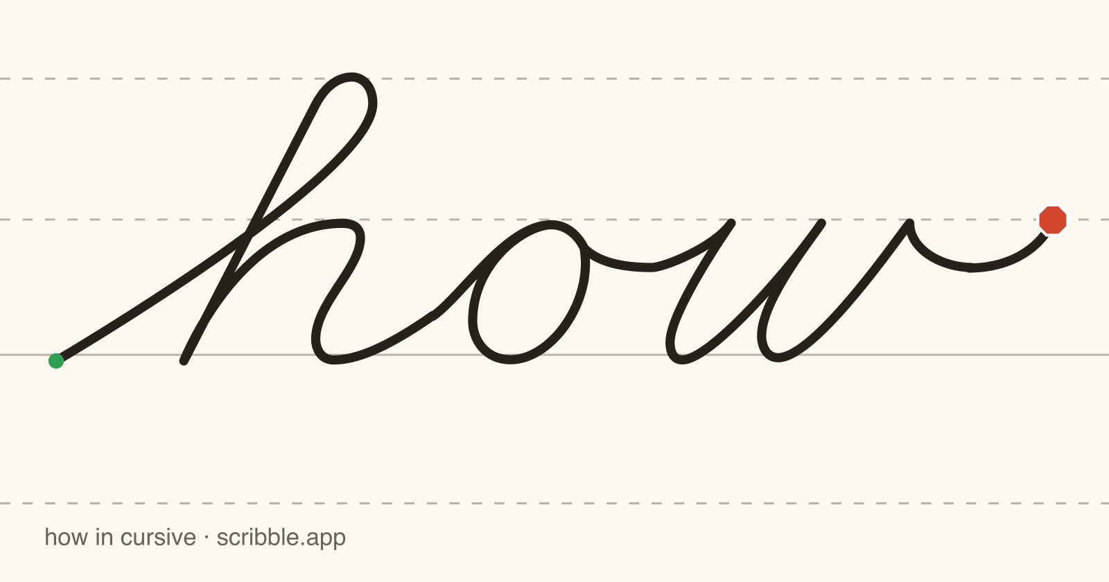 how written in cursive on handwriting guidelines, with a green starting dot and a red stop sign