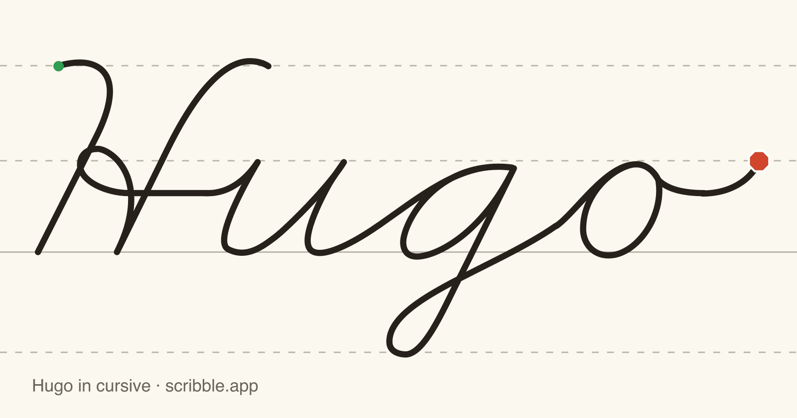 Hugo written in cursive on handwriting guidelines, with a green starting dot and a red stop sign