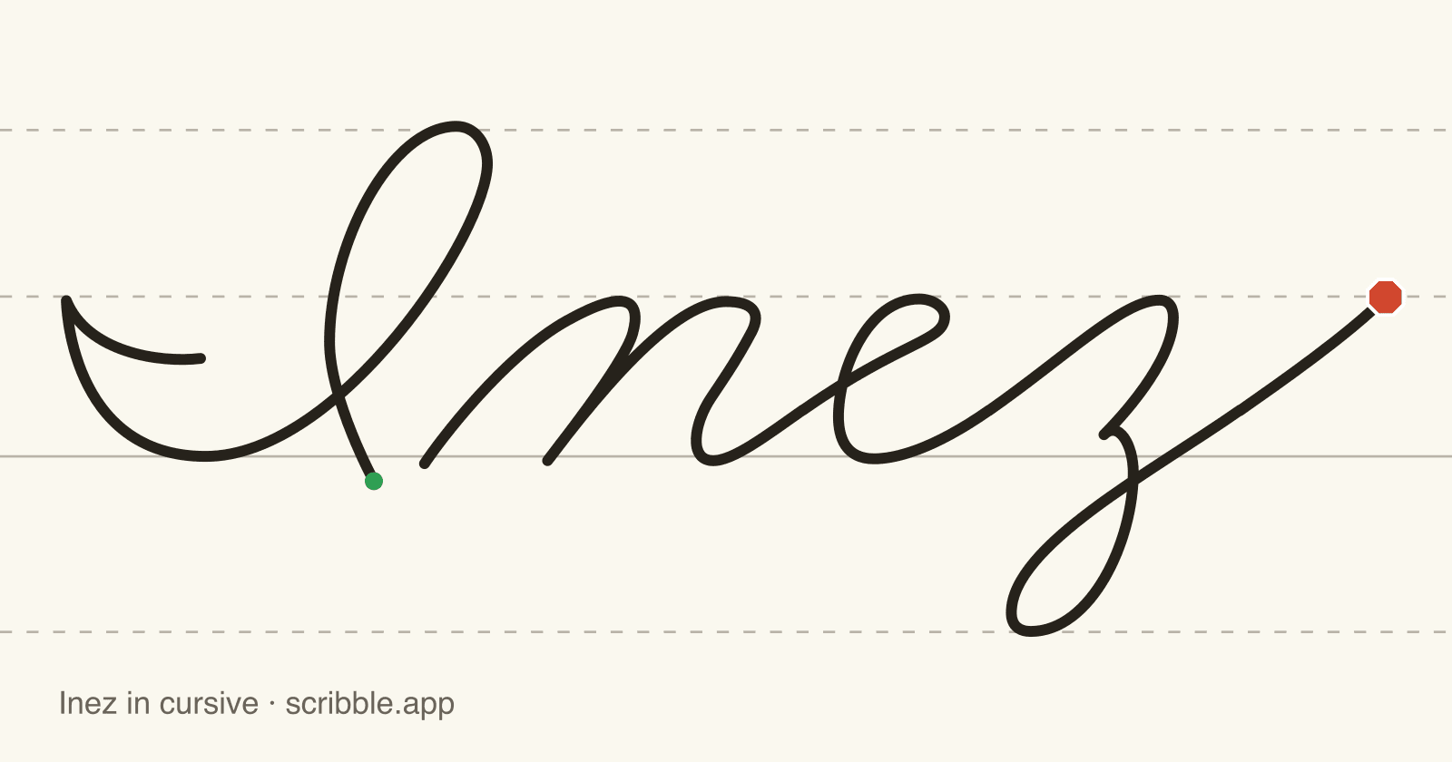 Inez written in cursive on handwriting guidelines, with a green starting dot and a red stop sign