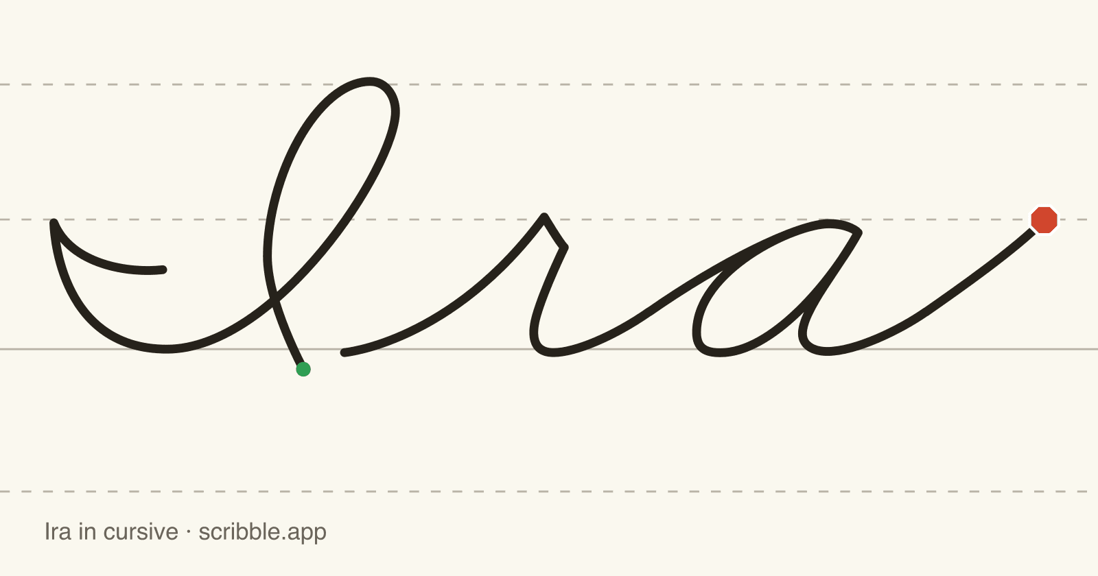 Ira written in cursive on handwriting guidelines, with a green starting dot and a red stop sign