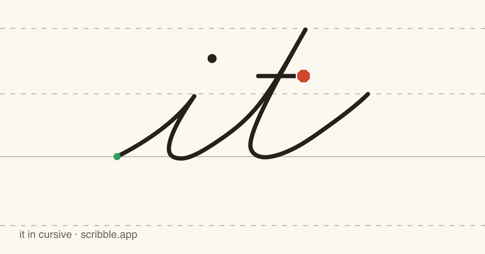 it written in cursive on handwriting guidelines, with a green starting dot and a red stop sign
