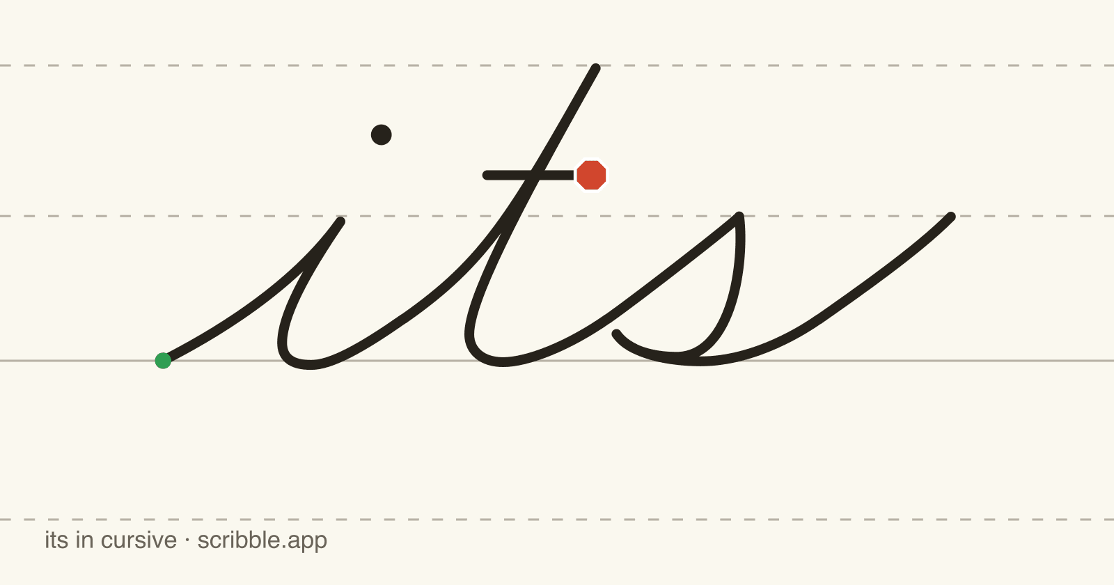 its written in cursive on handwriting guidelines, with a green starting dot and a red stop sign