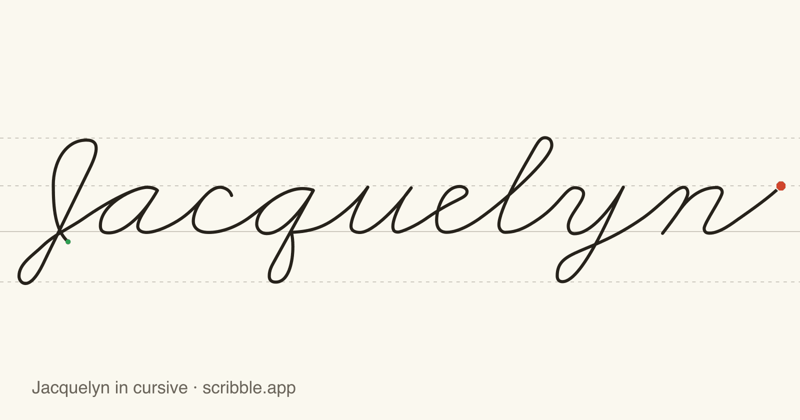 Jacquelyn written in cursive on handwriting guidelines, with a green starting dot and a red stop sign