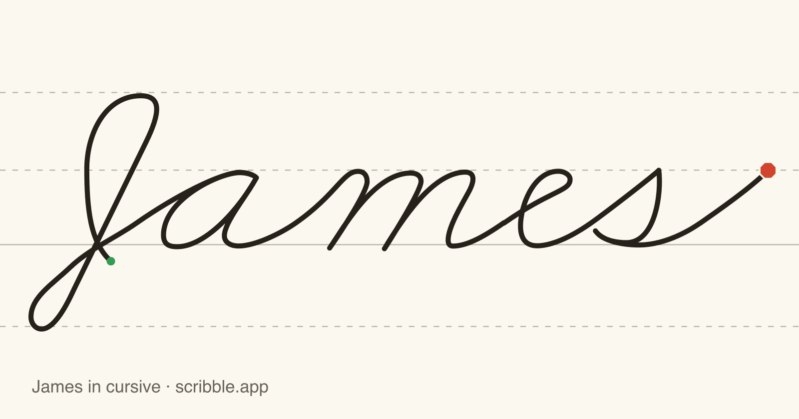 James written in cursive on handwriting guidelines, with a green starting dot and a red stop sign